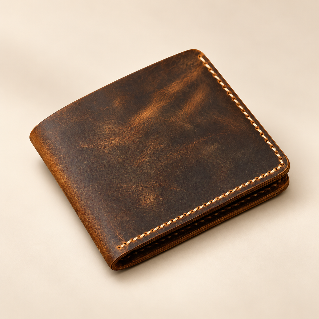 Hand-stitched distressed full-grain brown leather bifold wallet, closed front view
