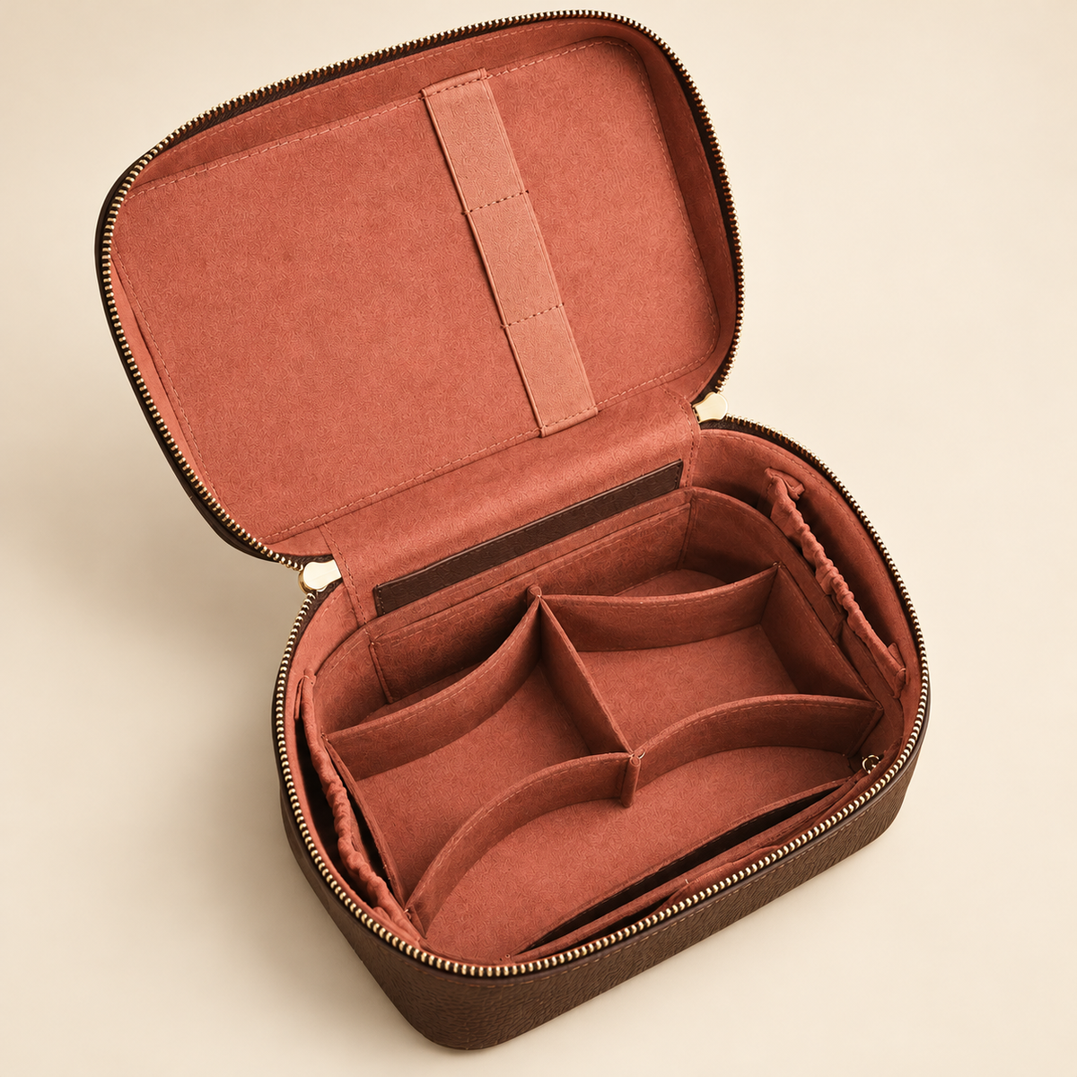 Interior of a brown leather cosmetic case showing multiple storage compartments, luxury travel organizer