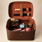 Open genuine cowhide leather cosmetic case with deep structure, rust-colored compartments and makeup brushes, TigreX Studio
