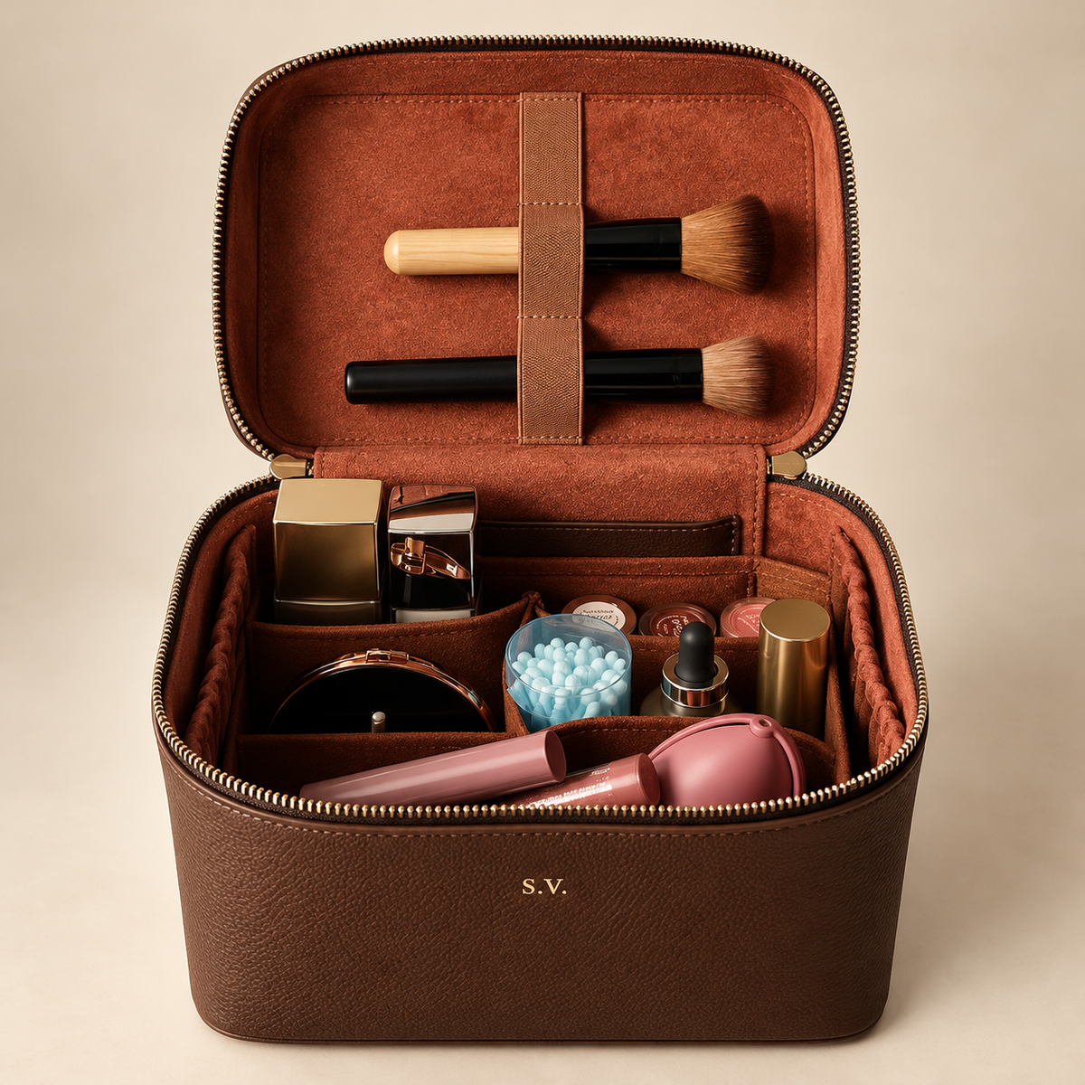 Open genuine cowhide leather cosmetic case with deep structure, rust-colored compartments and makeup brushes, TigreX Studio