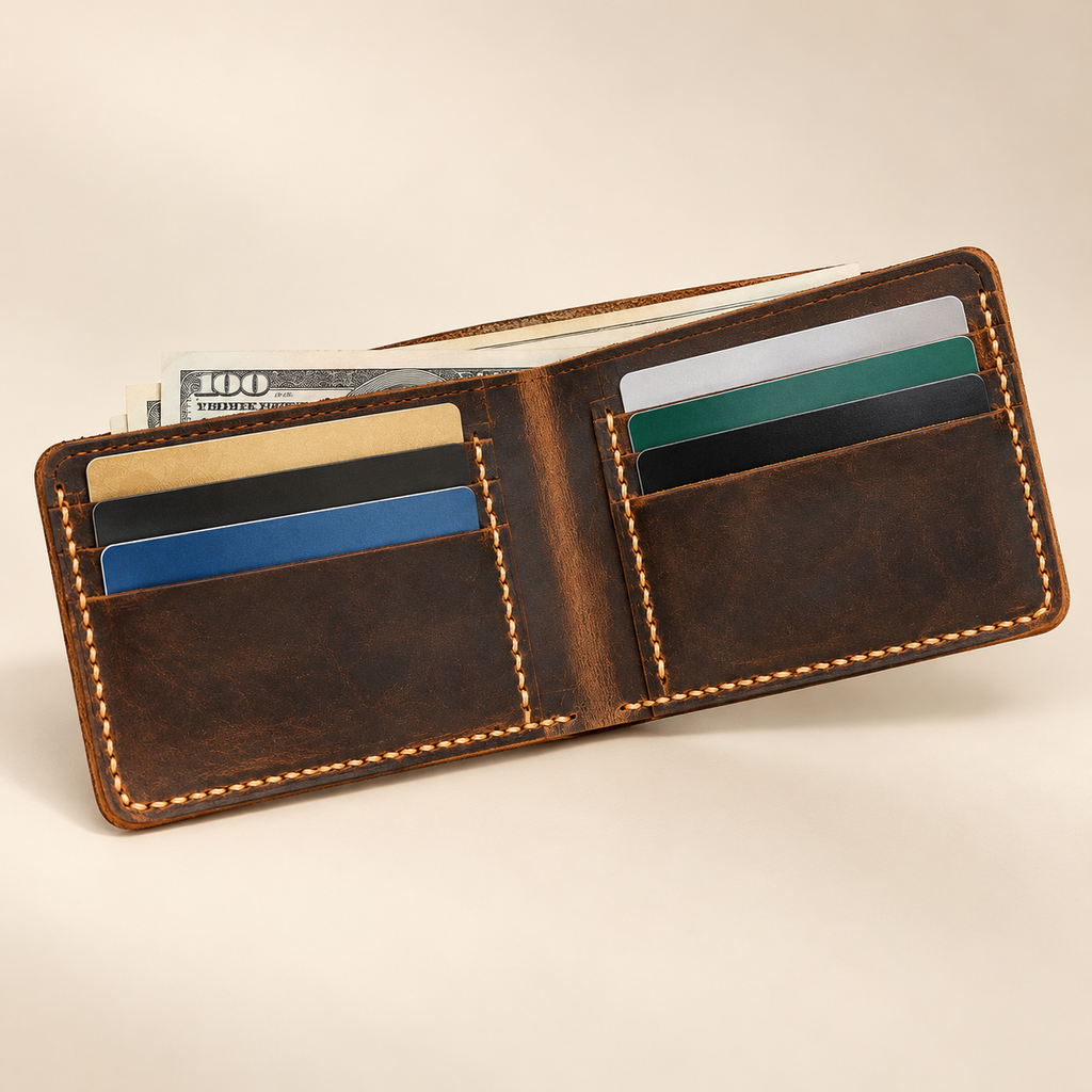 Open distressed brown leather bifold wallet with six card slots and US dollar bills