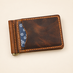 TigreX distressed brown full-grain leather slim front pocket wallet with card pocket and money clip, closed exterior