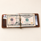 Leather front pocket wallet demonstrating how cash is held by money clip