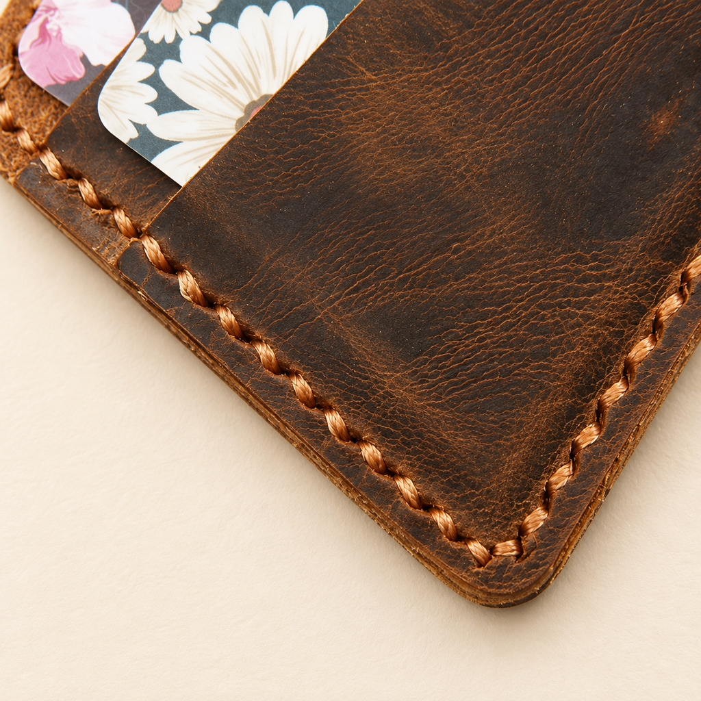 Macro detail of hand sewn stitching and distressed full grain leather texture on wallet