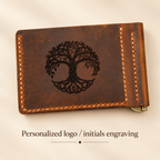 Sample customized leather wallet with laser engraved tree-of-life design and personalized engraving options