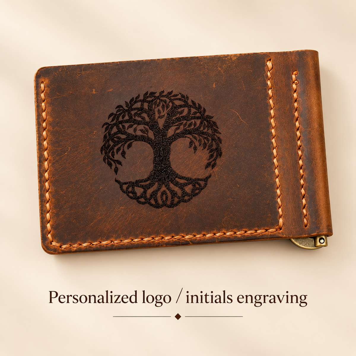 Sample customized leather wallet with laser engraved tree-of-life design and personalized engraving options