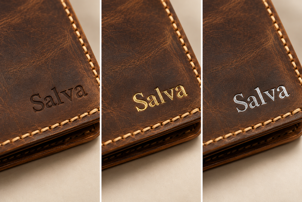 Close-up comparison of pressed leather initials in natural debossing, gold foil and silver foil